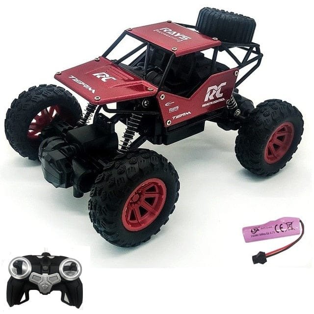 Red and black RC monster truck with remote control and battery.