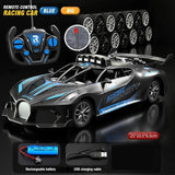Remote control racing car with accessories on a reflective surface