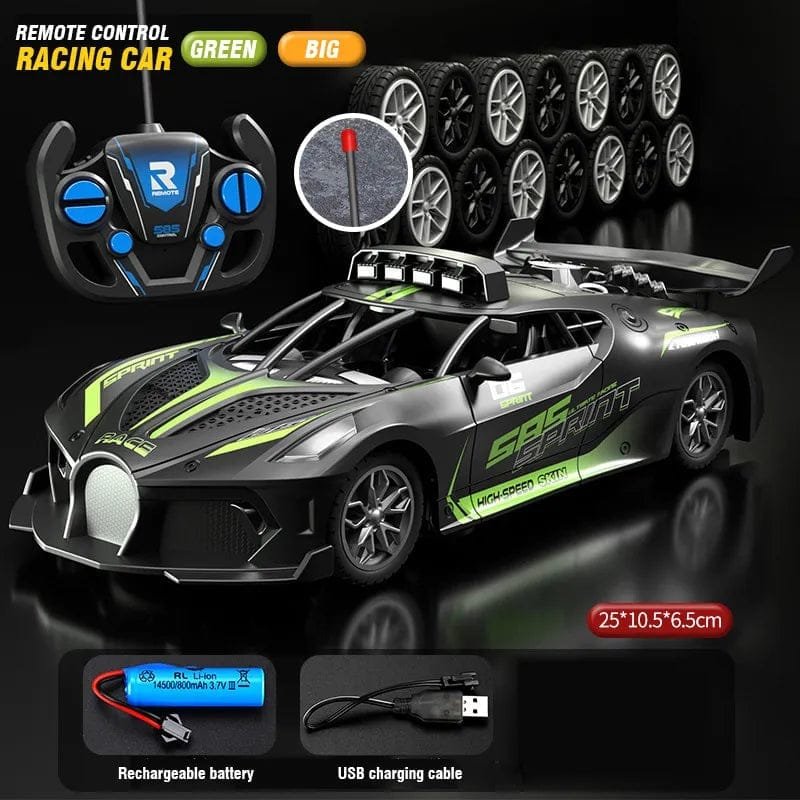 Remote control racing car with accessories on a reflective surface