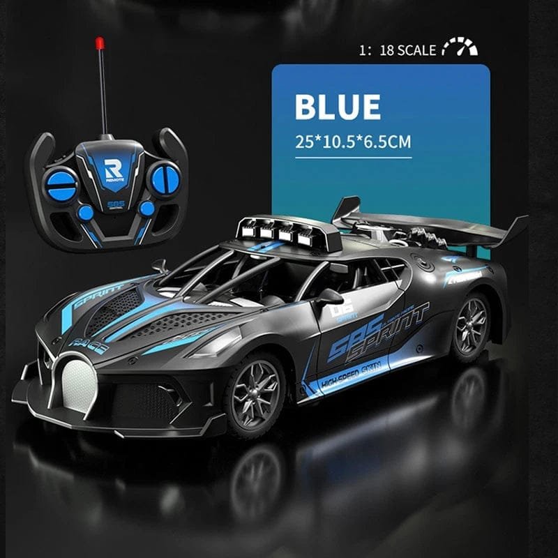Toy car and remote control with blue accents