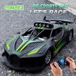 Black and green RC sports car with remote control on a road, featuring 'CONUSEA' branding.