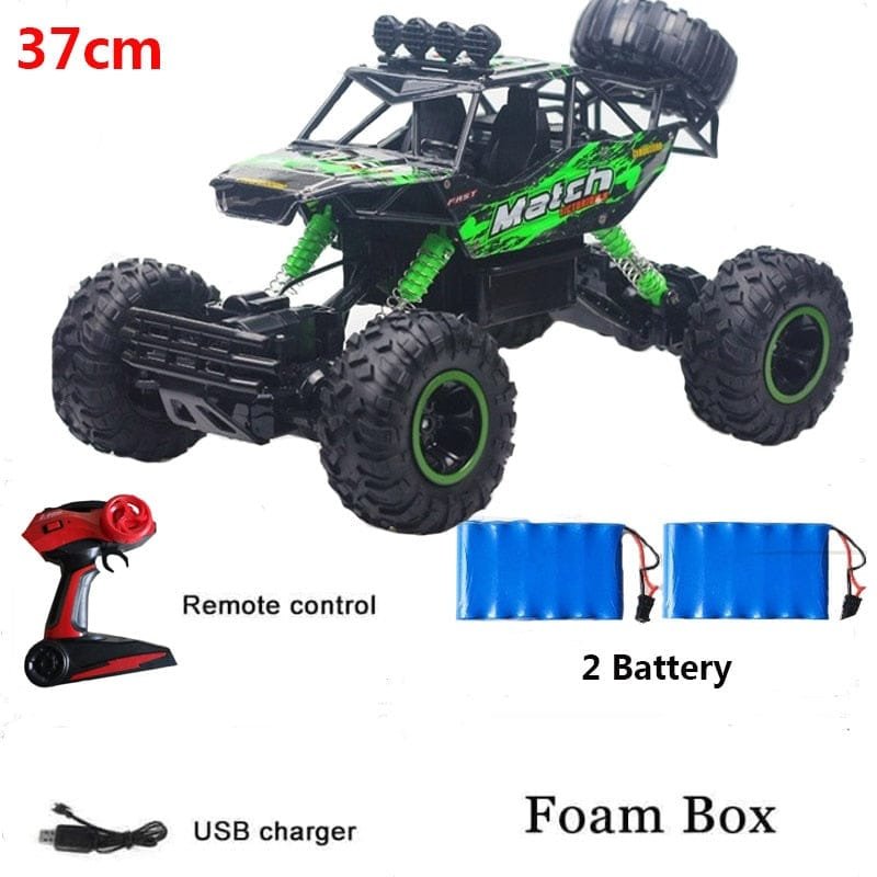 Toy truck with remote control, batteries, and USB charger