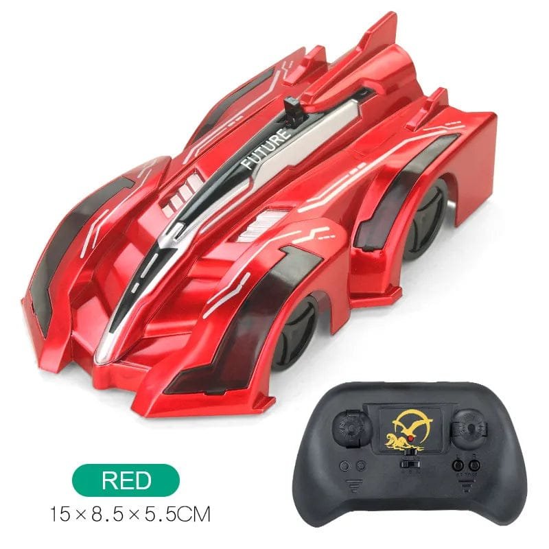Red toy car with black remote control 