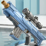 Toy gun with blue and gray design, featuring the brand 'Fusight', on a reflective surface.