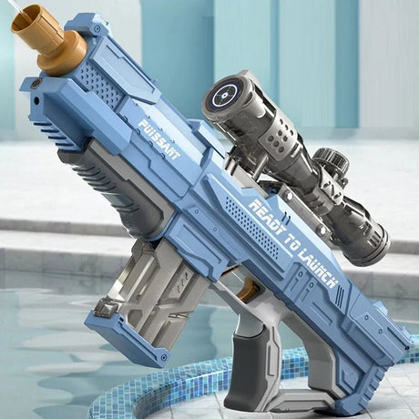 Toy gun with blue and gray design, featuring the brand 'Fusight', on a reflective surface.