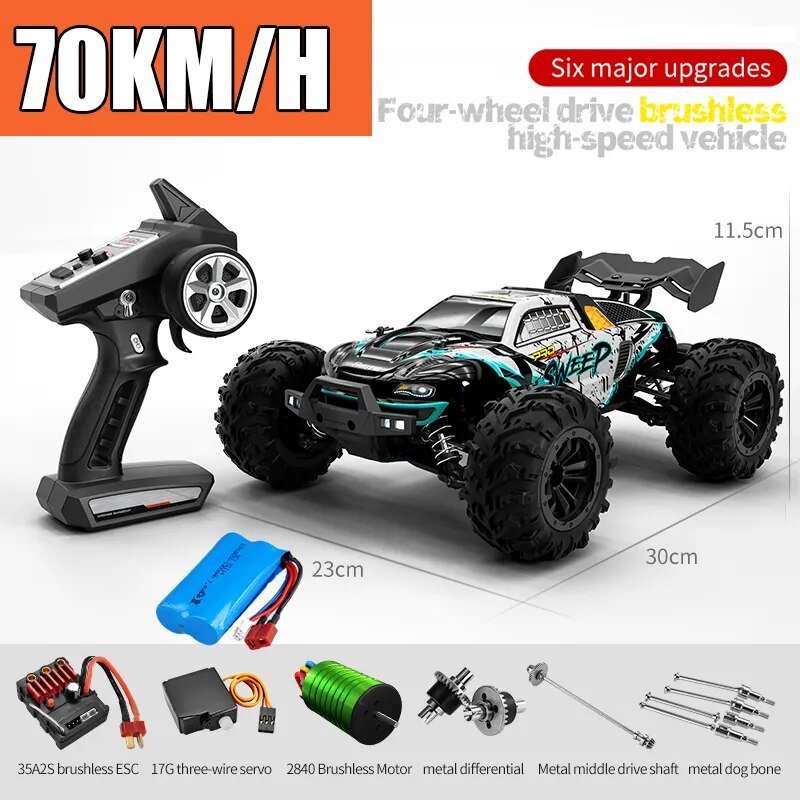 RC monster truck with remote control, battery, and upgrade parts 