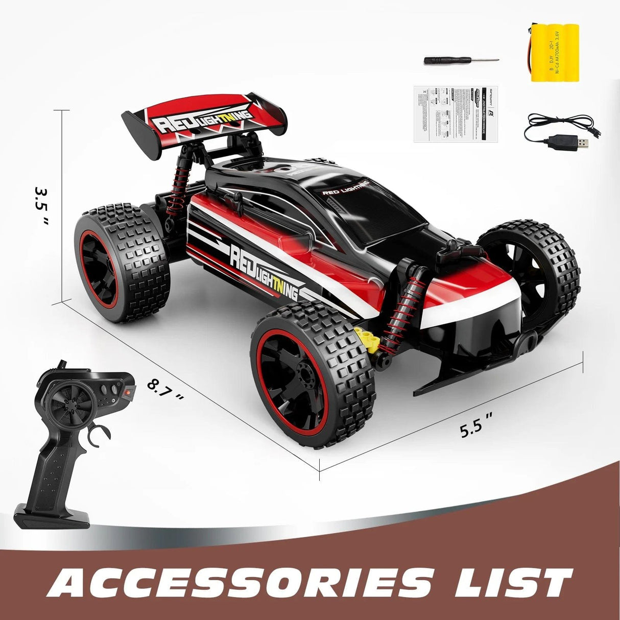 Redcat Racing RC car with remote control, battery, and charger.