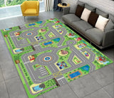 Colorful children's play rug with road and park design on a gray floor.