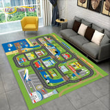 Colorful children's play rug with road and vehicle designs on a gray floor.