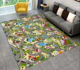 Colorful children's play rug with road map design in a living room.