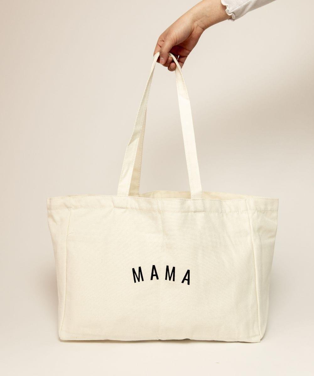 Beige tote bag with 'MAMA' text.
