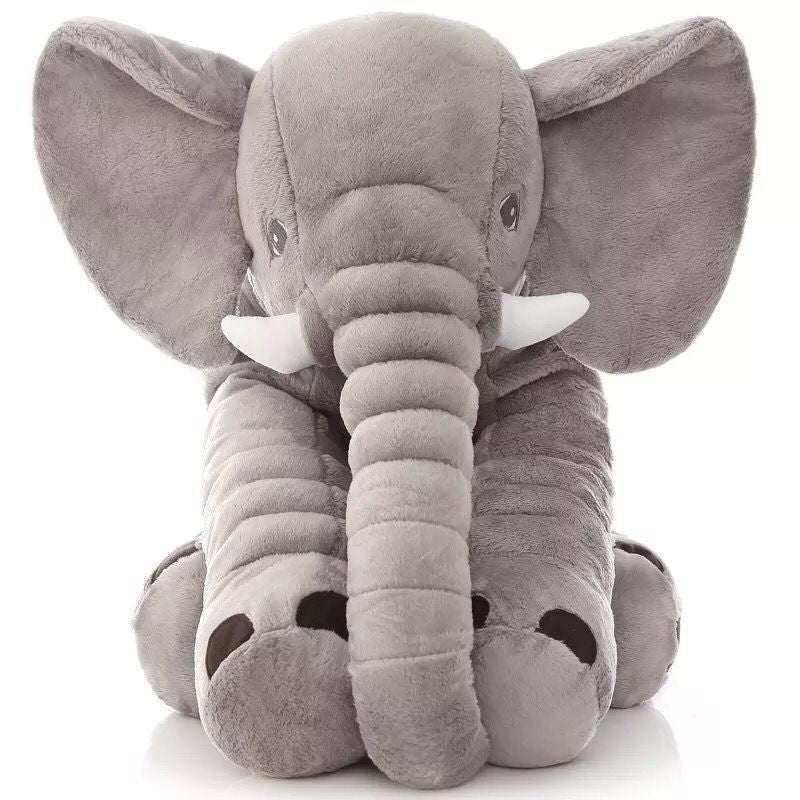 Gray plush elephant toy.