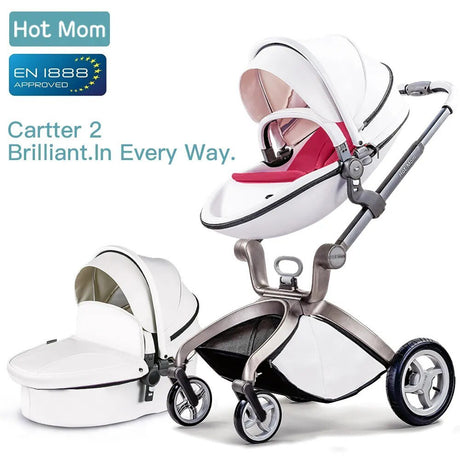 White and red baby stroller with a canopy.