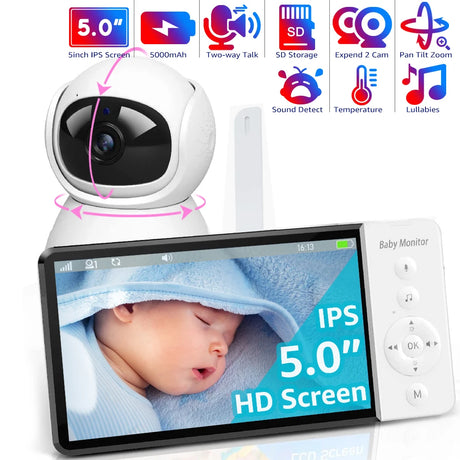 Baby monitor with 5.0" IPS screen displaying a baby, surrounded by feature icons.