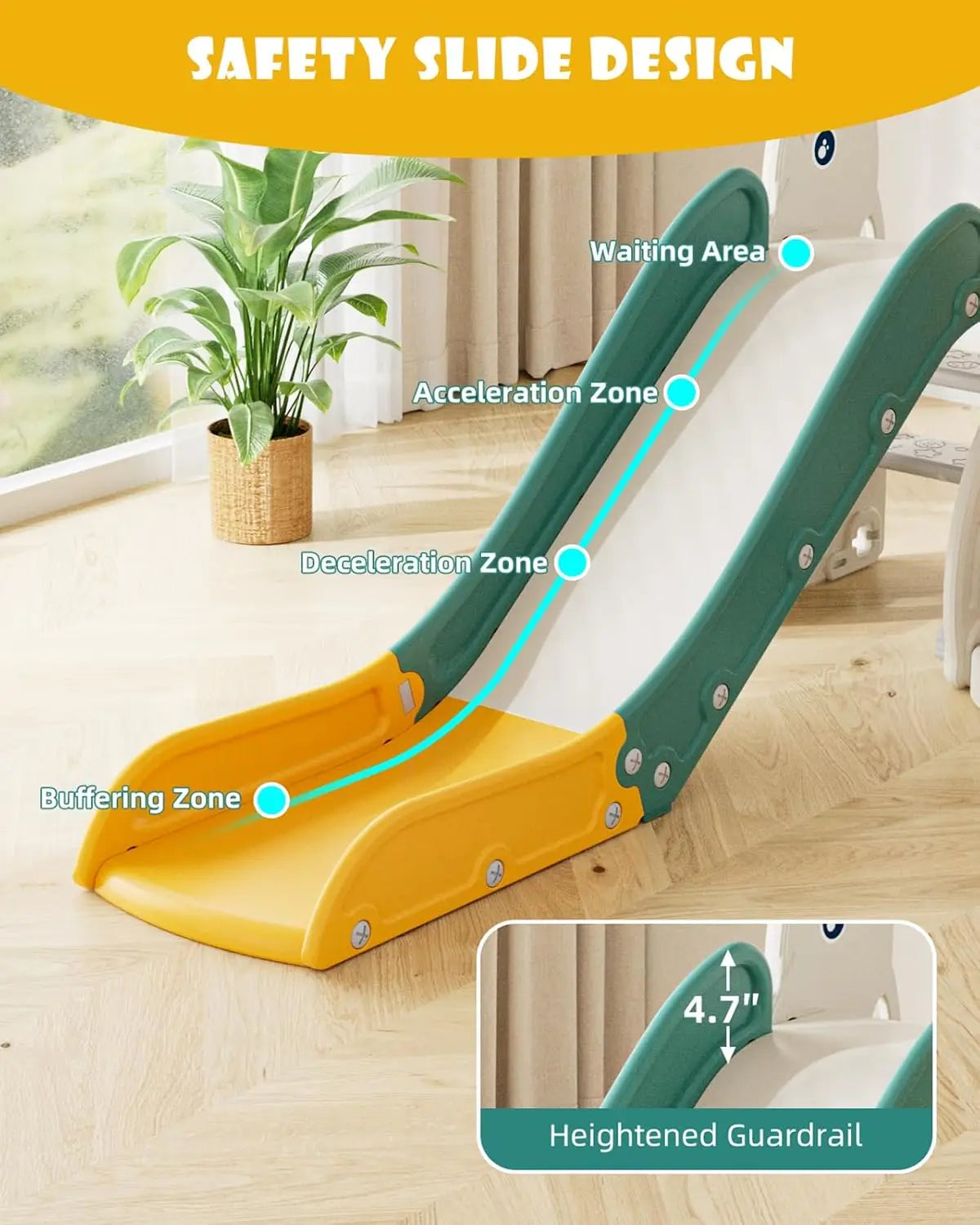 Safety slide design with labeled zones on a wooden floor.