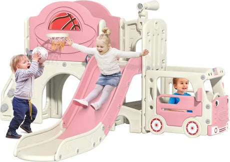 Children playing on a pink and white playset with slide and basketball hoop.