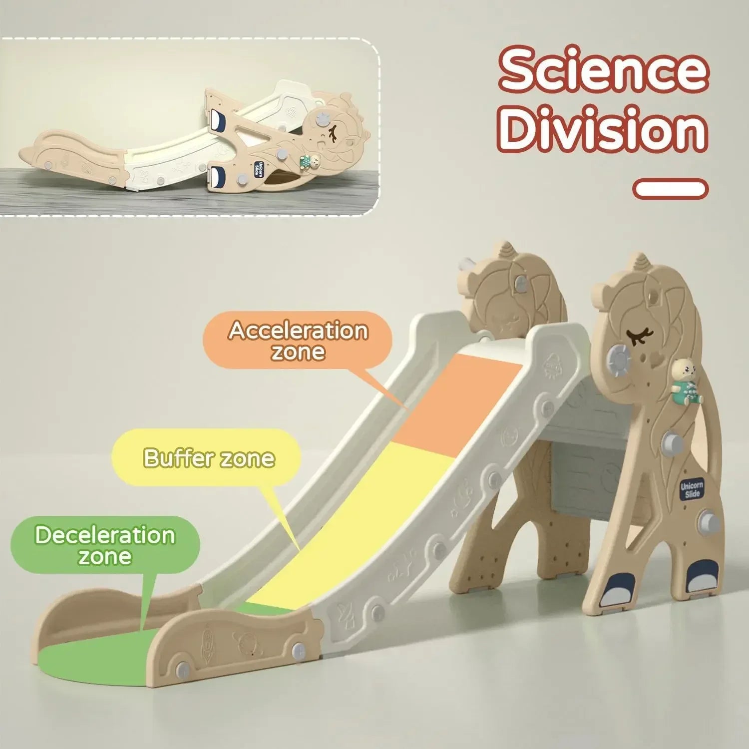 Wooden toy slide with labeled zones 
