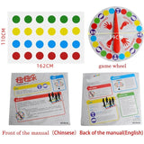 Colorful game wheel with instructions and measurement details.