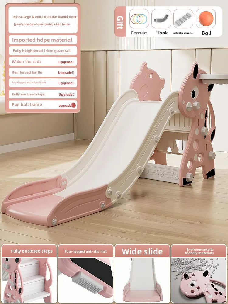 Pink children's slide with horse design on a wooden floor