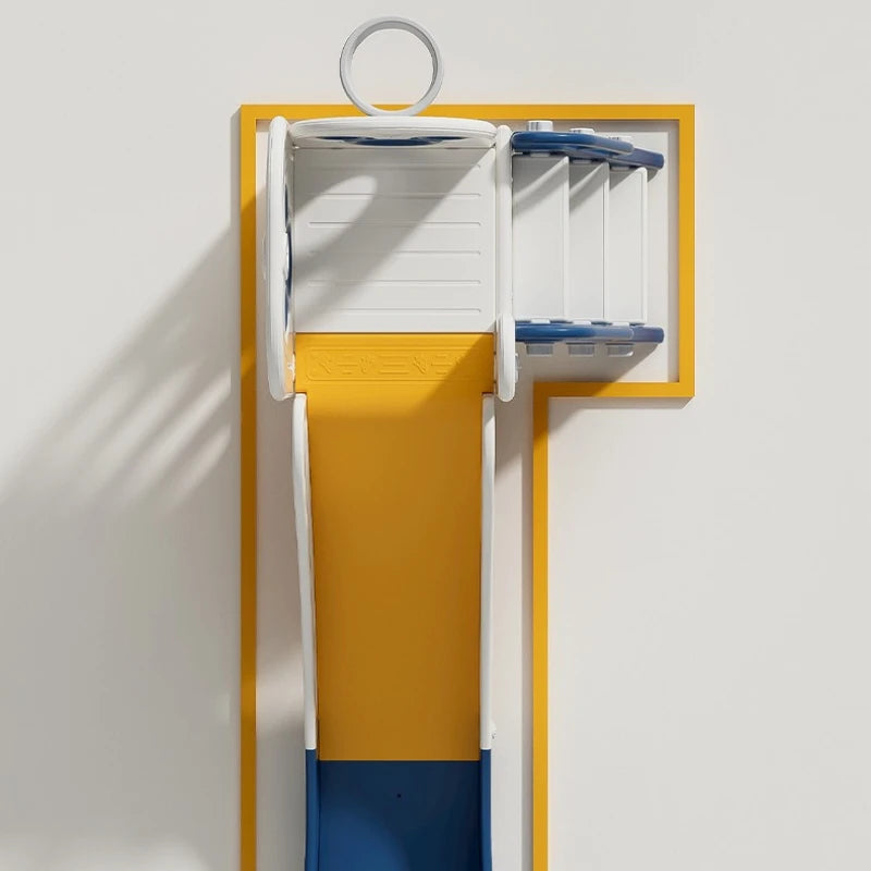 Wall-mounted shoe rack with yellow and blue sections on a white wall.