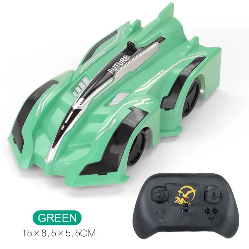 Green toy car with black accents and a remote control 