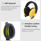 Black and yellow headphones with text about ABS material and imitation leather double lining.