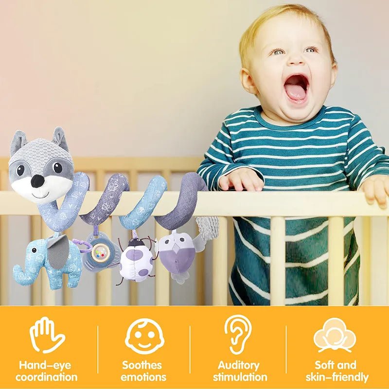 Baby in crib with wolf-shaped toy and text about product benefits