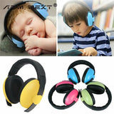 Children wearing blue headphones with a close-up of colorful headphones below.