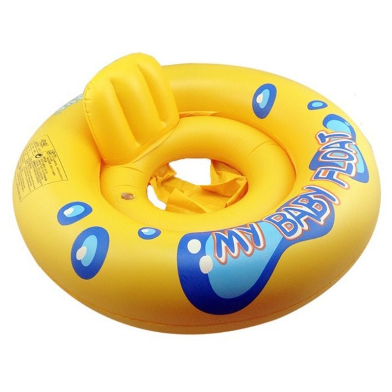 Yellow inflatable baby float with blue text.
