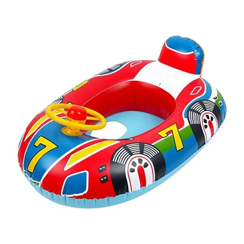 Children's inflatable car-shaped pool float with racing design