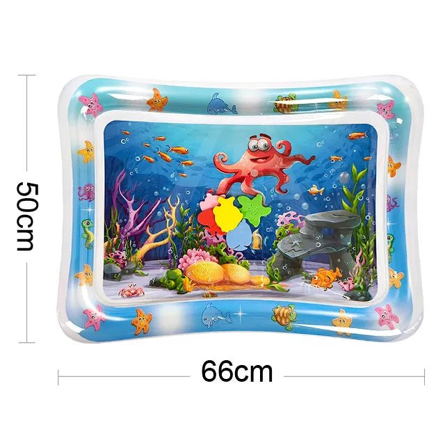Inflatable water mat with underwater scene and dimensions displayed
