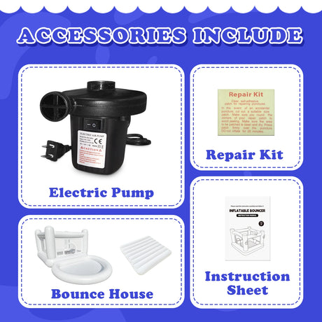 List of accessories, including an electric pump, repair kit, bounce house, and instruction sheet.