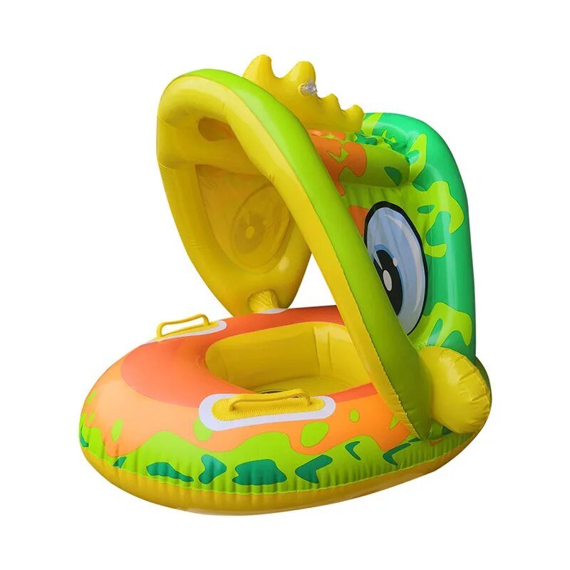 Inflatable baby pool seat with green and yellow design on a white background