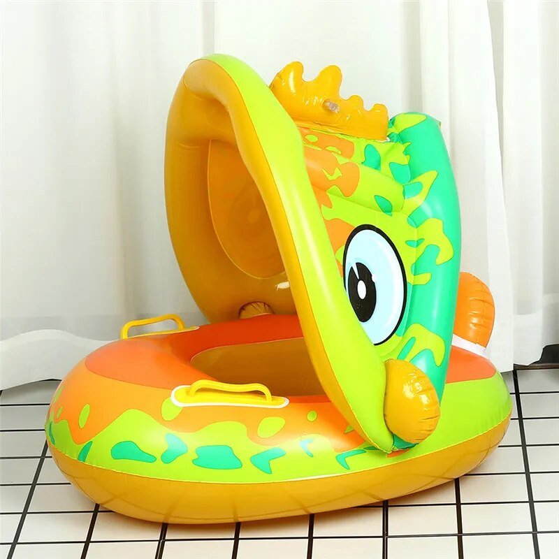 Inflatable baby pool seat with cartoon design on a checkered surface