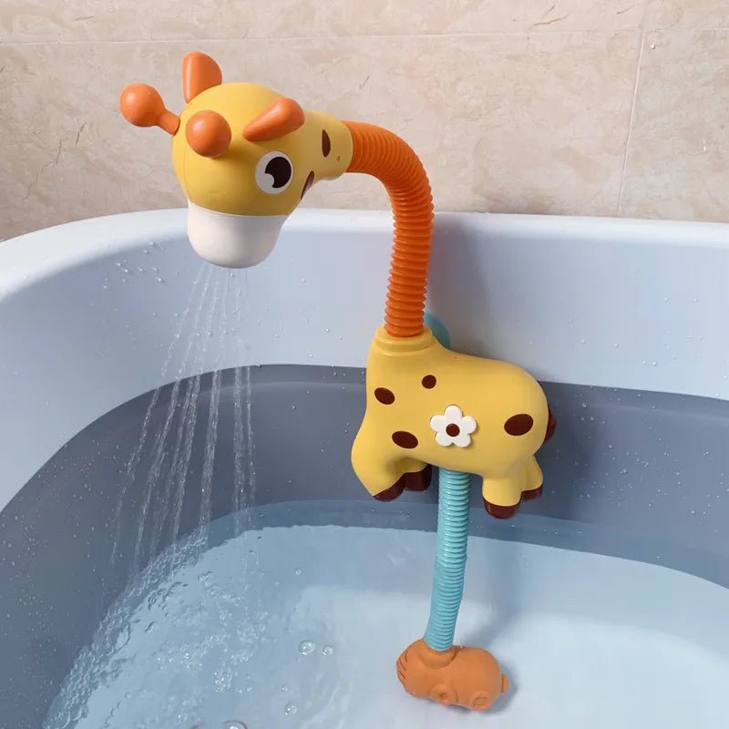 Giraffe-shaped bath toy with a flexible hose in a bathtub