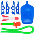 Set of diving accessories including a blue mask, snorkel, and blowout.