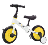 White balance bike with yellow wheels and a black seat.