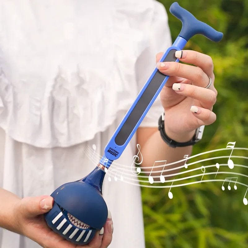 Person holding a blue and black musical instrument