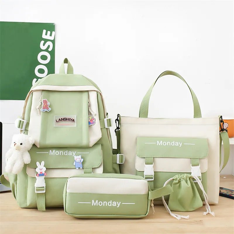 Set of green school bags with 'LANSHIVA' branding.