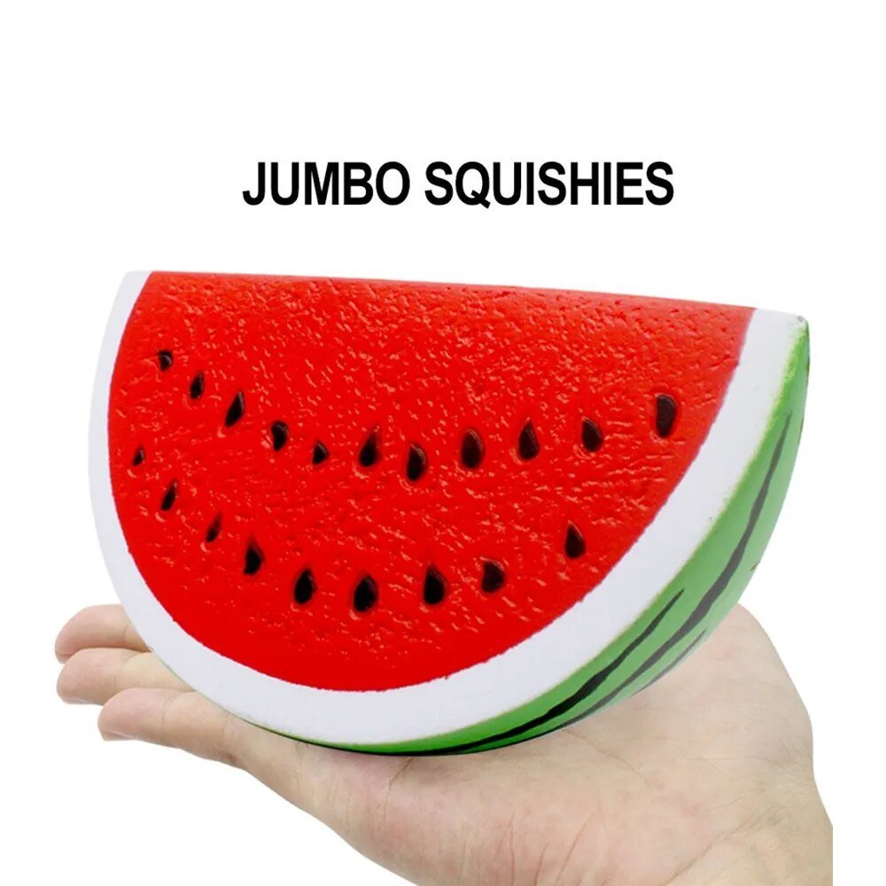 Jumbo squishy watermelon slice held in a hand with 'JUMBO SQUISHIES' text above.