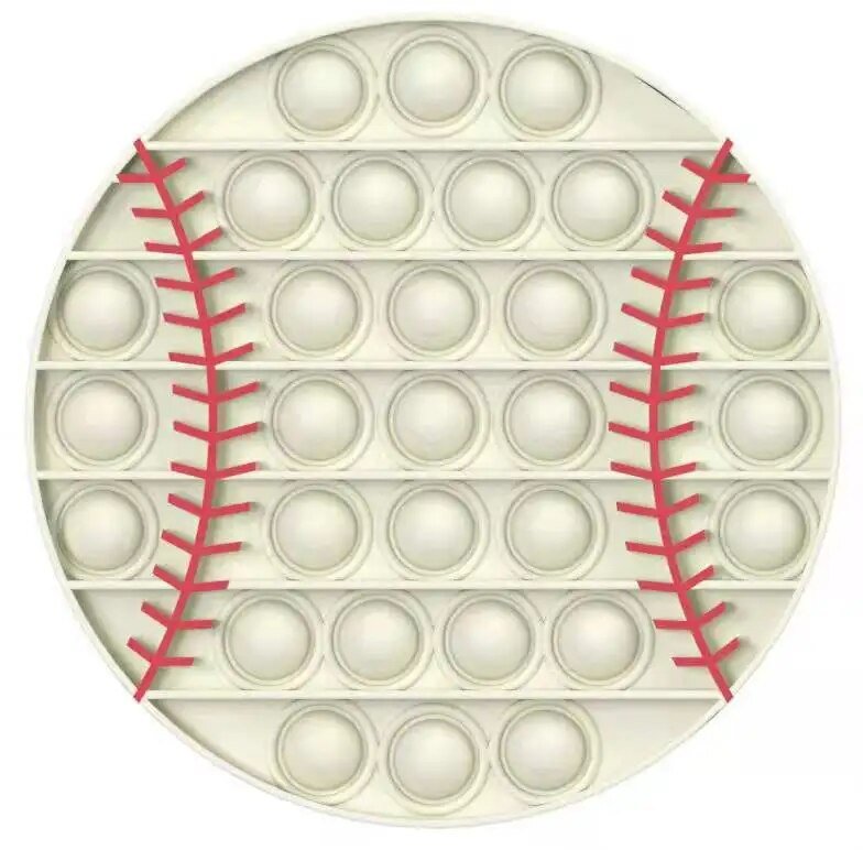 Pop-it fidget toy shaped like a baseball with red stitching