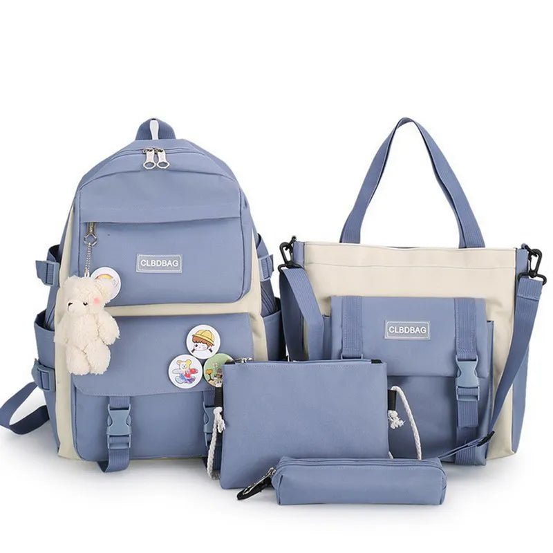Set of blue bags including a backpack, tote bag, and pouches.