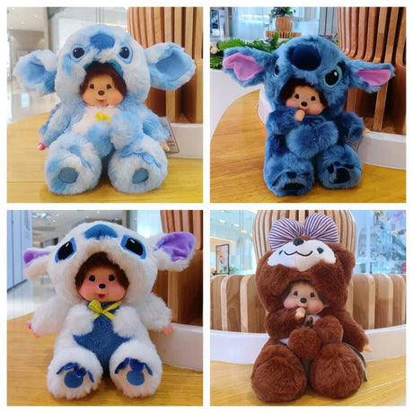 Four plush toys in different animal costumes on a wooden surface.