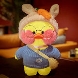 Plush toy with bunny ears and glasses in a cozy indoor setting