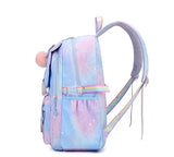 Pastel-colored backpack with rainbow accents.