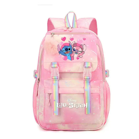 Pink backpack with cartoon characters and Disney logo.