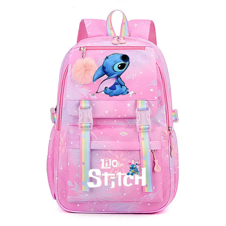 Pink backpack with a cartoon character.