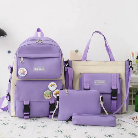 Purple backpack, tote bag, and pouches with visible brand logo.