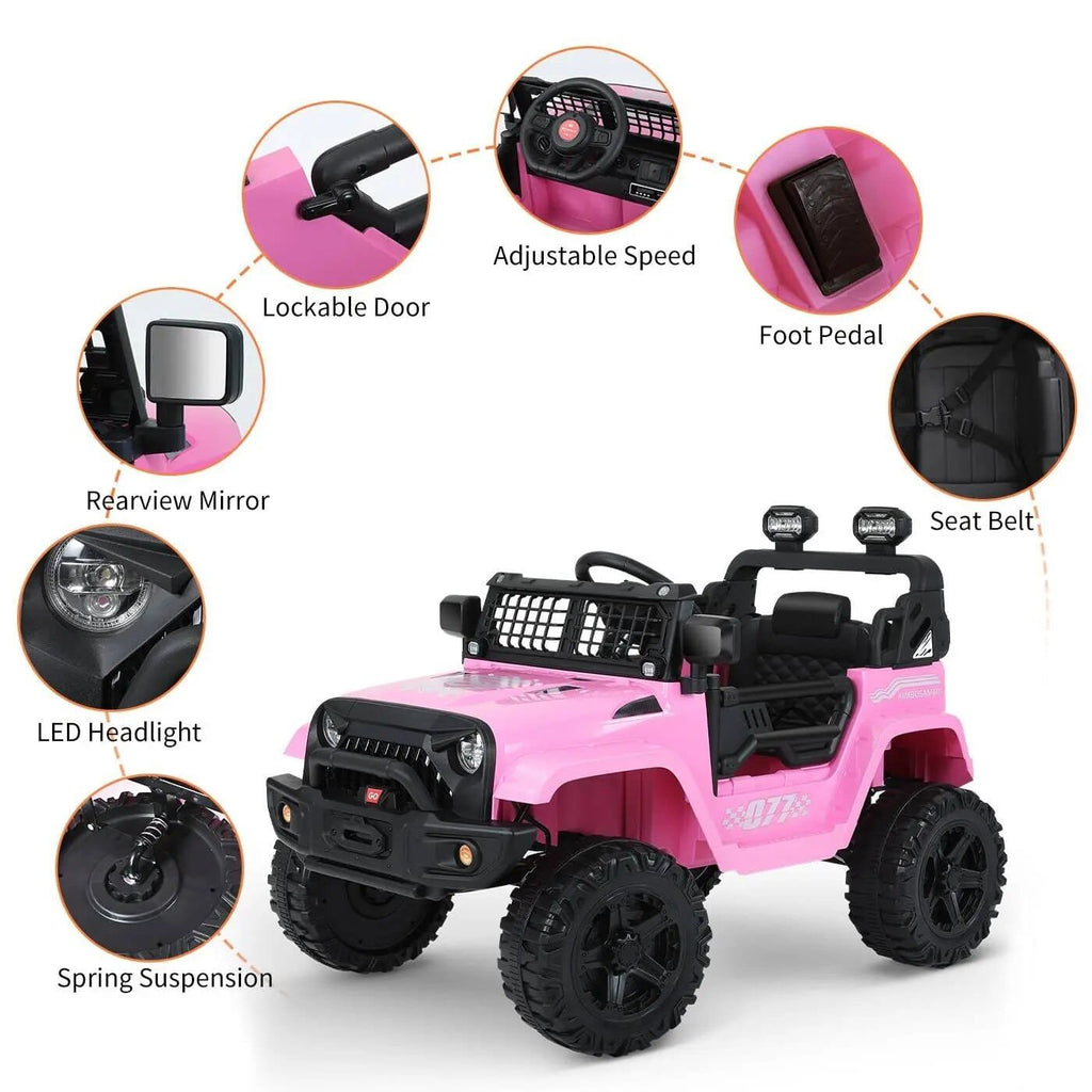 Pink toy jeep with features highlighted.