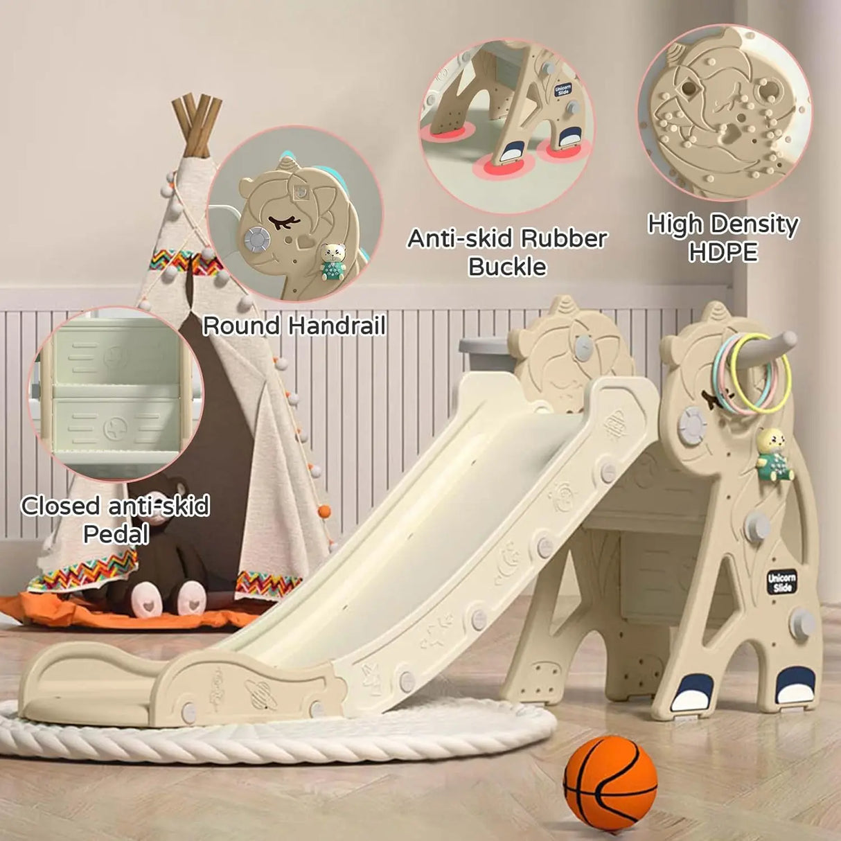 Children's slide with safety features labeled.